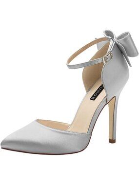 Women's Silver Satin Bow Ankle Strap Pointed Toe Party Dance High Heels